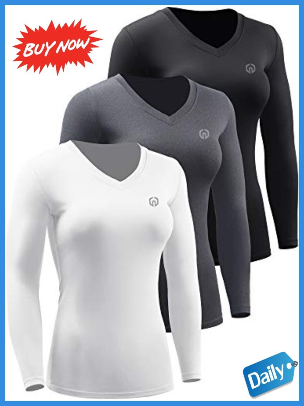 Women's 3 Pack Compression Long Sleeve V-Neck Athletic Running Shirt